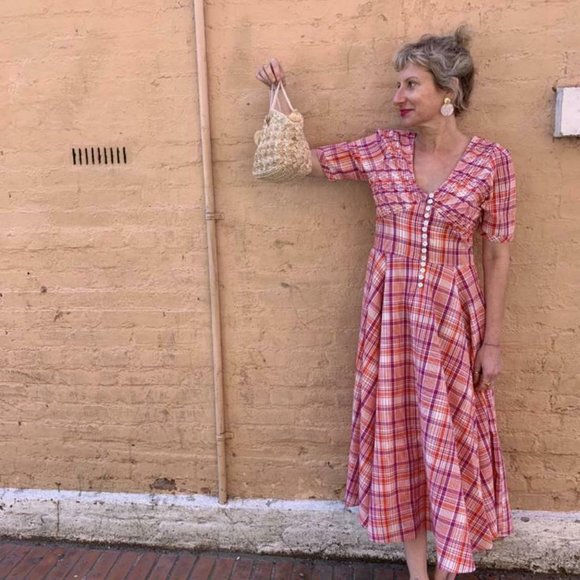 No.6 Paola Circle Plaid & Check Printed Fit & Flare Midi Dress S - Picture 4 of 10